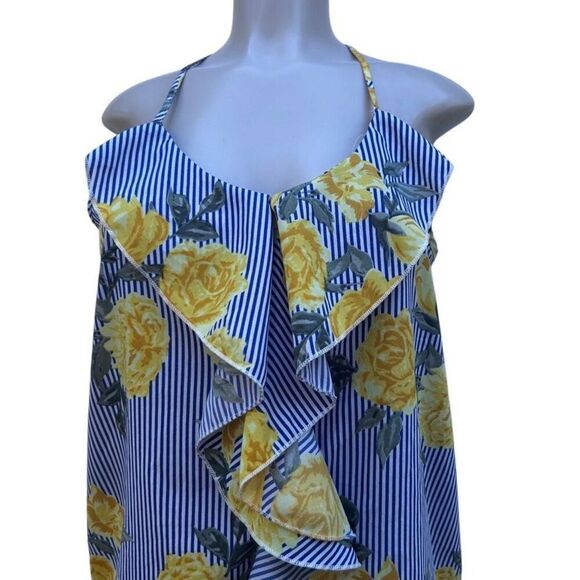 Time To Bloom Blouse Medium Blue Yellow Striped Floral Ruffle Spaghetti Strap - Picture 14 of 16